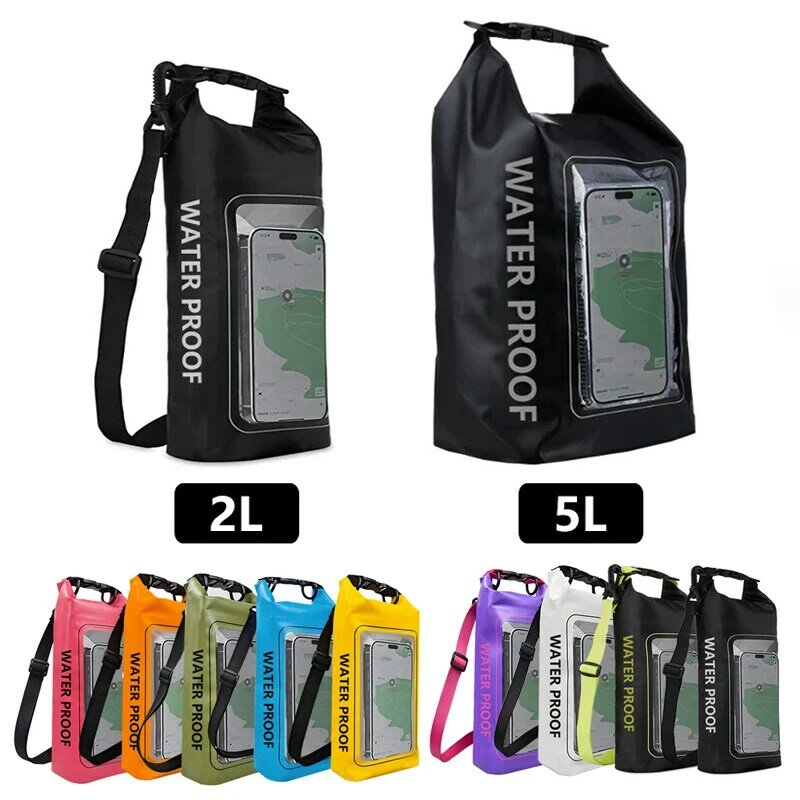 Tas kering 2L 5L, kantung ponsel pantai layar sentuh tahan air untuk Trekking, Drifting, berselancar, Kayaking, tas olahraga luar ruangan