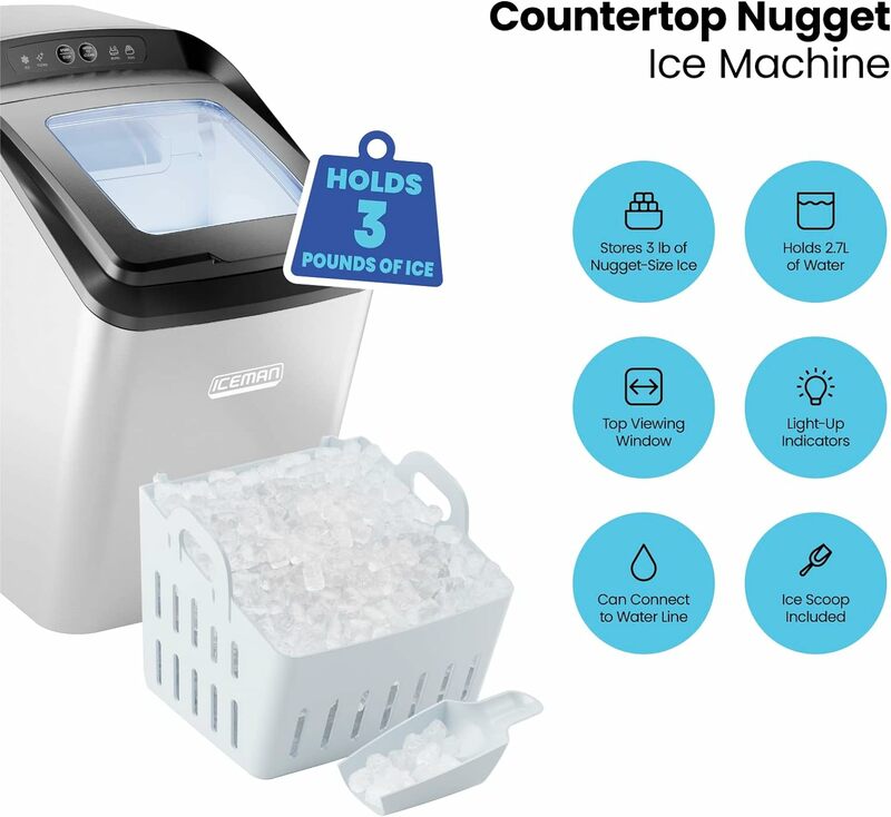 Countertop Nugget Ice Maker – Pebble Ice Machine, Soft Chewable Pellets in 20 Min, 26Lbs/24H, 3lb. Capacity Waterline-Compatible