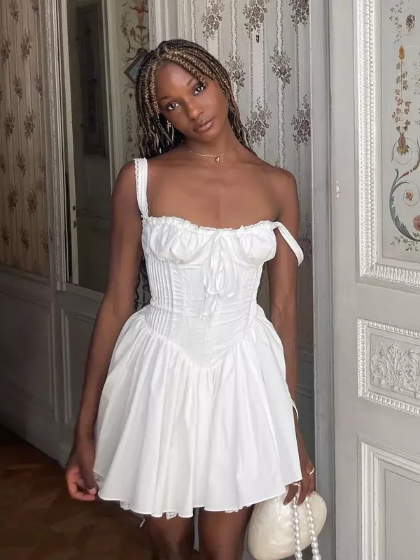 Suninheart-Vestido corto blanco con tirantes finos para mujer, minivestido Sexy con cordones para fiesta y vacaciones, alta calidad, verano, 2023