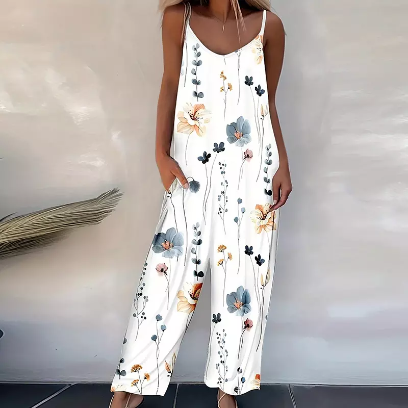 Summer Casual Straight Pants Overall Fashion Pockets Printed Women Long Jumpsuit Beach Female Loose Sleeveless Strap Romper