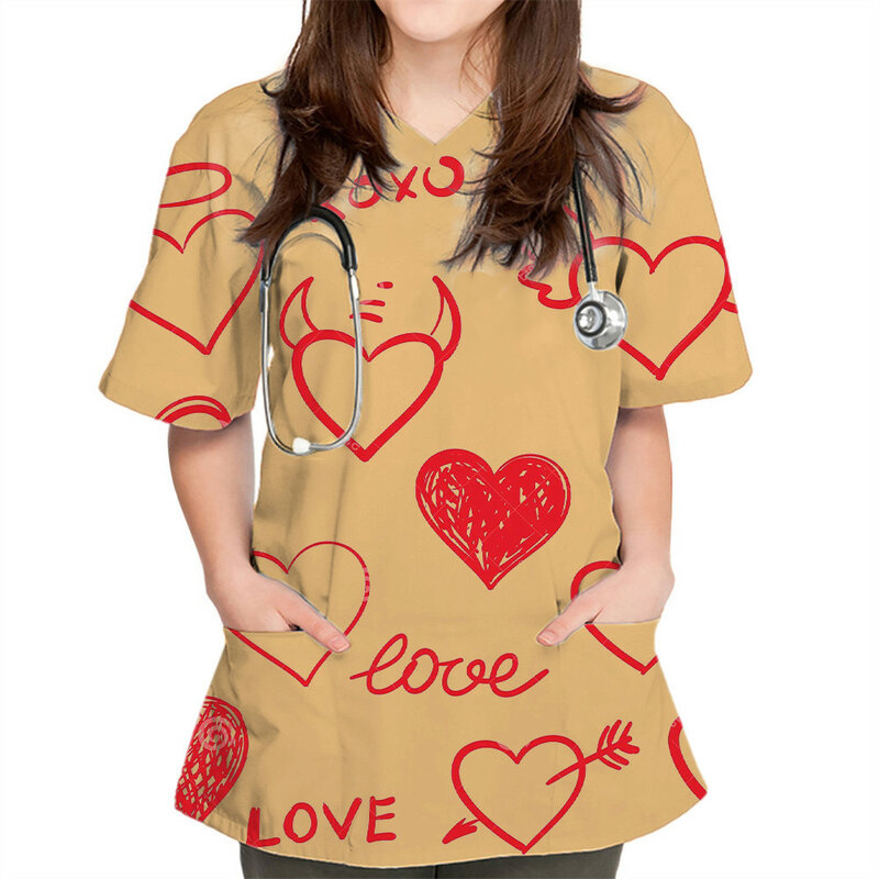 Uniformes de aseo de mascotas con estampado de corazón para mujer, Tops de manga corta con cuello en V, blusa de bolsillo con estampado de uniforme de trabajo, Tops de uniforme de enfermeras, nuevo