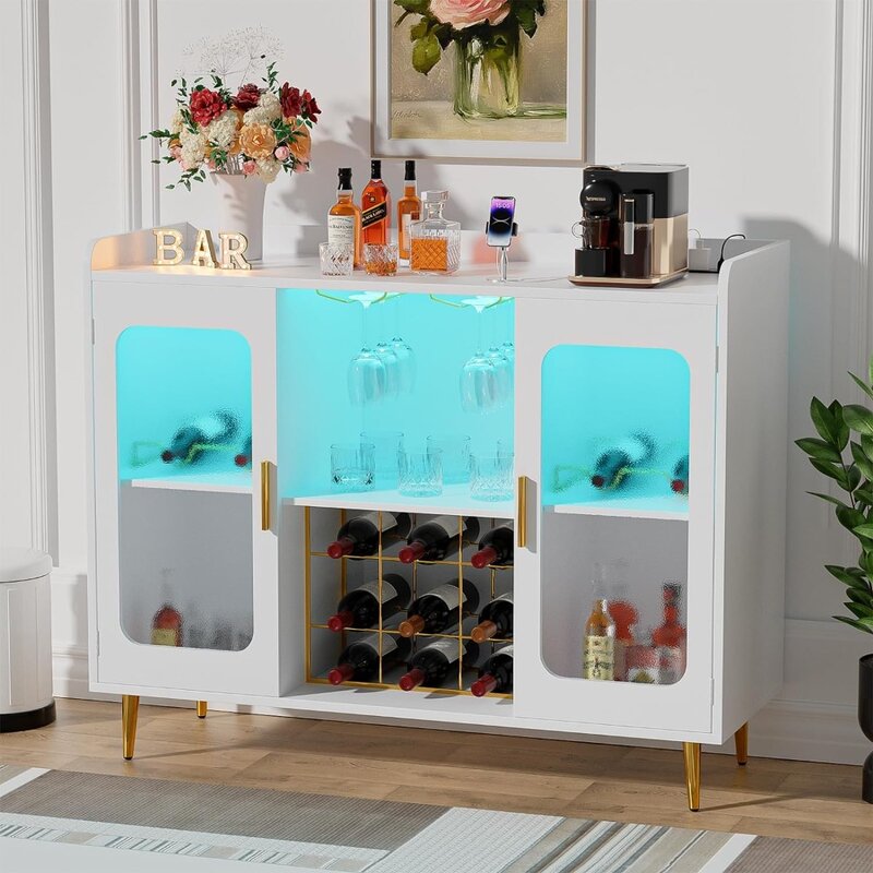 Liquor Cabinet Bar com Power Outlet e Luz LED, Wine Bar Cabinet com Wine e Copos Rack, Coffee Bar Cabinet