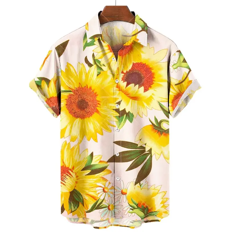 Camisa de manga curta estilo praia havaiana com estampa sol girassol masculina, camisa casual solta, tamanho grande, nova, 2023
