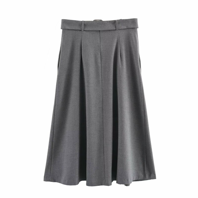 Women New Chic Fashion Belt decoration Cape style Casual Pleated Midi Skirt Vintage High Waist Side Pockets Female Skirts Mujer