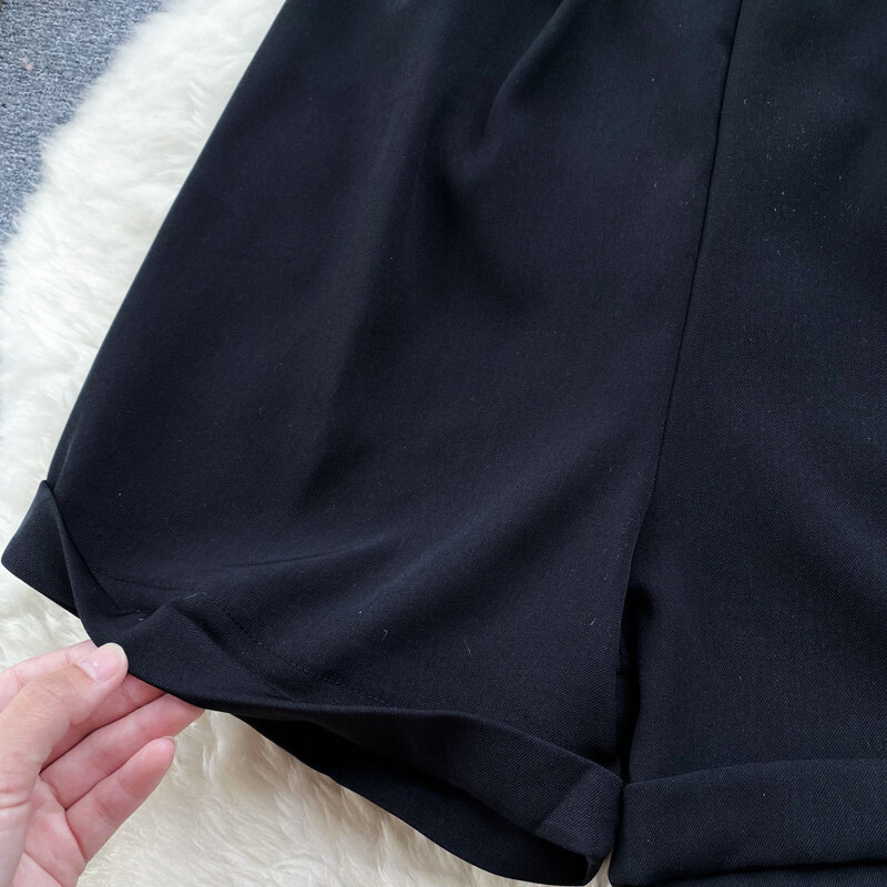 Шорты ssTss женские в Корейском стиле, Элегантные короткие брюки в стиле пэчворк, с коротким рукавом, V-образным вырезом, на пуговицах, с широкими штанинами, Повседневная Уличная одежда
