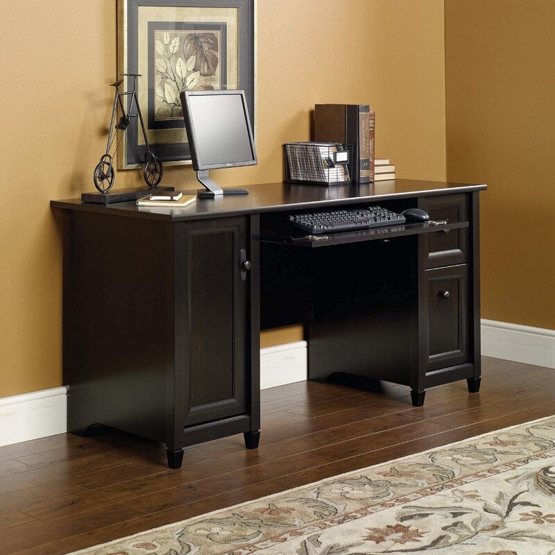 Sauder Edge Water Computer Desk, L: 59.06" X W: 23.23" X H: 29.02", with Metal Runners and Safety Stops Estate Black Finish