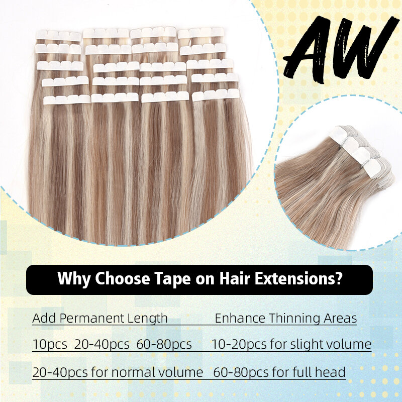 AW-Extensions de Cheveux Humains, Mini Bande Adhésive, Balayage, Peau Blonde, Trame, Vrais Cheveux Naturels, Européen, Invisible