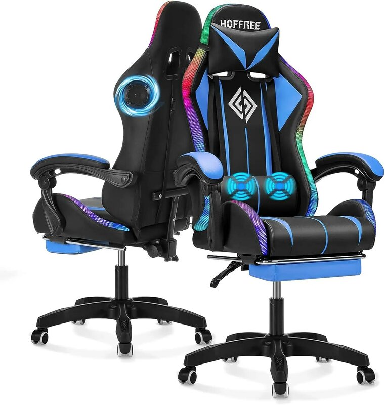 Cadeira ergonômica de massagem com apoio para os pés, alto-falantes Bluetooth e luzes LED RGB, cadeira de videogame, encosto alto lombar