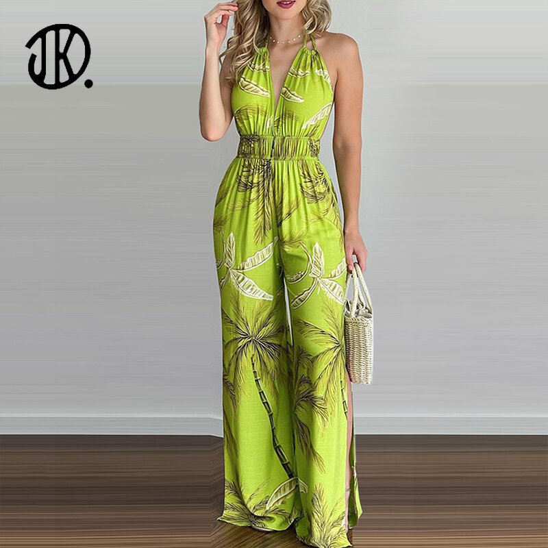 Ladies Bohemian Jumpsuit 2023 Coconut Tree Printed Beach Playsuit For Women Sling Wide Leg Pant Large Size 3XL Hot Sale Overalls