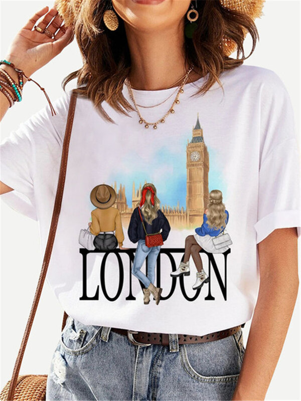여성 라운드 넥 베스티즈 티셔츠, 화이트 캐주얼 반팔 티셔츠, 유럽 및 미국, 인기 판매