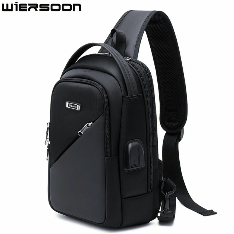 WIERSOON-Bolso de pecho antirrobo para hombre, impermeable con carga USB bandolera, paquete de viaje corto