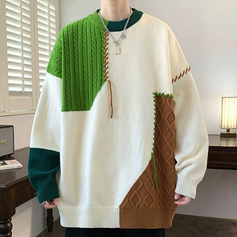 Man Panelled Contrast O-neck Sweater 2024 Autumn Winter Vintage Loose Long Sleeves Knitted Pullover Fashion Casual Male Jumper