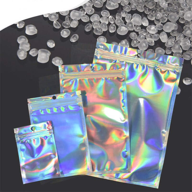 Bolsa de Mylar de Color láser holográfico resellable, bolsas de plástico grueso transparente con cierre hermético para embalaje de joyería DIY, 50/100 Uds.