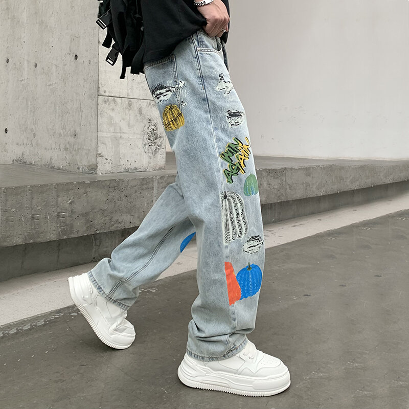 Modische High Street neue Kürbis bedruckte Herren Jeans Modemarke Design gerade und vielseitige lose Hosen