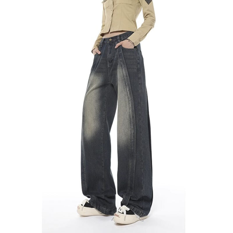 Y2K Style Vintage Design Sense Jeans Streetwear Wide-leg High-waisted Baggy Wash Trousers High Quality Mom Denim Trousers