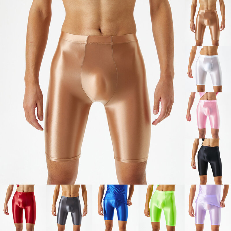 Pantalones cortos elásticos brillantes para hombre, mallas largas de compresión, secado rápido, transpirables