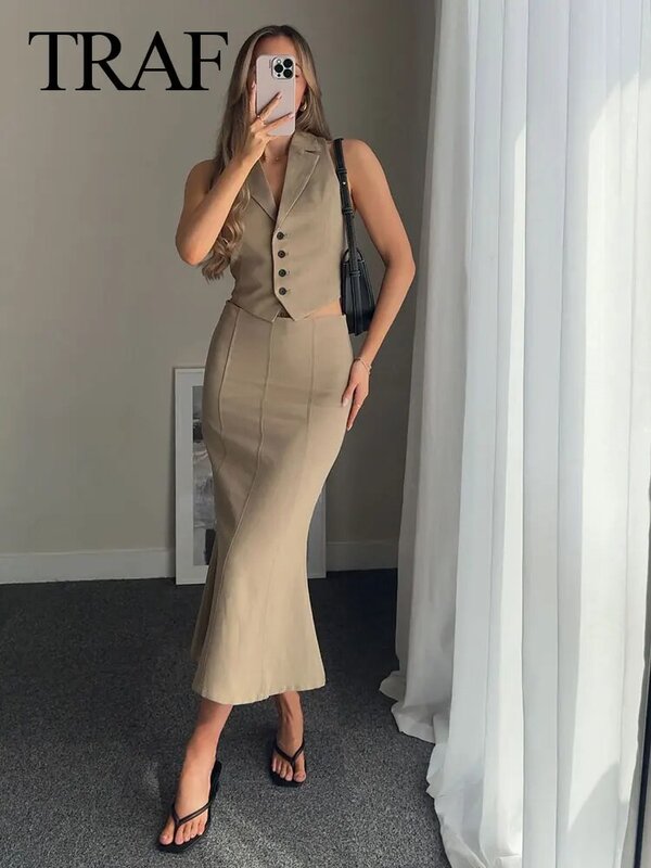 TRAF Woman New Fashion Summer Suit Solid Turn-Down Collar Sleeveles Lace-Up Single Breasted Waistcoats+High Waist Zipper Skirts