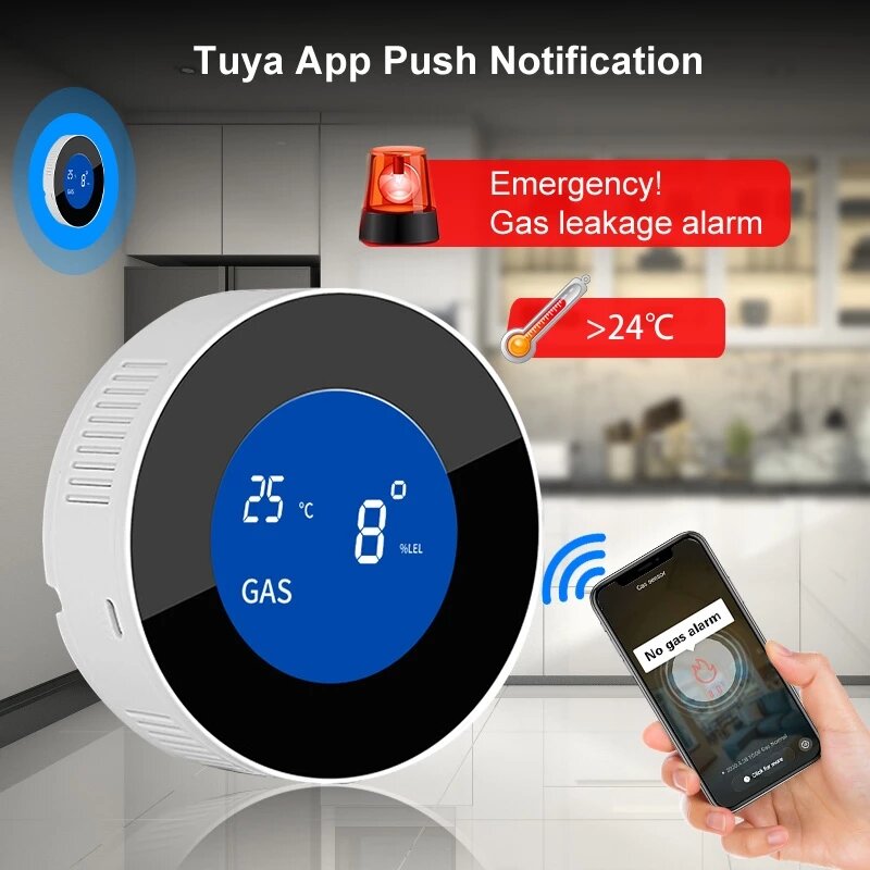 WiFi wersja domowa kuchnia ekspert ds. Bezpieczeństwa aplikacja Tuya wyciek gazu ziemnego czujnik alarmu wykrywacz gazów palnych syreny z wyświetlaczem LCD