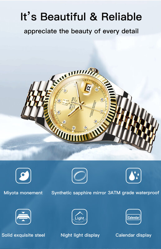 Holuns 2024นาฬิกาข้อมือผู้ชายสแตนเลสสุดหรูสำหรับผู้ชายนาฬิกาข้อมือทองแบบคลาสสิกกันน้ำแซฟไฟร์