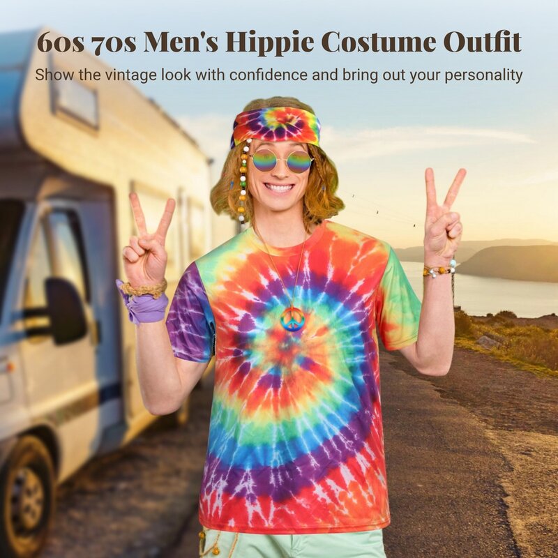 Roupa hippie masculina, camiseta estampada com tintura de gravata, conjunto com bandana, sinal de paz, colar colorido, anos 70