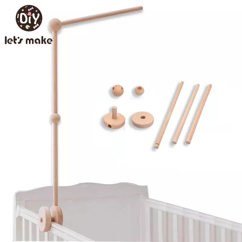 Let's Make  Baby Wooden Bed Bell Bracket Mobile Hanging Rattles Toy Hanger Baby Crib Mobile Bed Bell Wood Toy Holder Arm Bracket