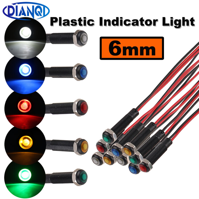 1pc 6mm indicatore luminoso in plastica nera ossidata Mini spia LED spia spia 6 v12v 24V 220V con filo rosso giallo blu verde