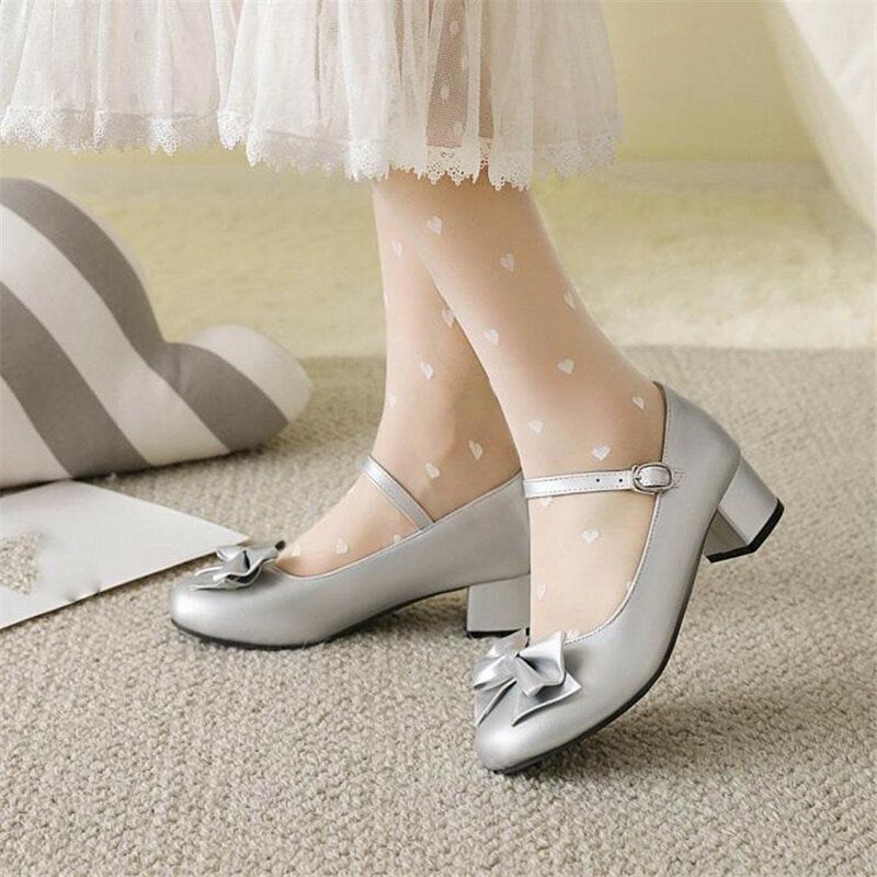 รองเท้าส้นเตี้ย Mary Jane รองเท้าโลลิตาสำหรับผู้หญิง28-43, รองเท้าส้นสูงติดโบว์น่ารักสำหรับเจ้าหญิงญี่ปุ่นคอสเพลย์งานแต่งงาน