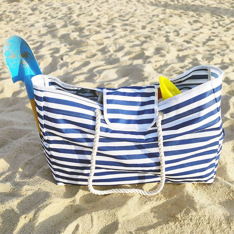 Очень большие пляжные сумки для женщин, полосатая Водонепроницаемая пескопроницаемая легкая прочная сумка-тоут на плечо с молнией, мешок для бассейна