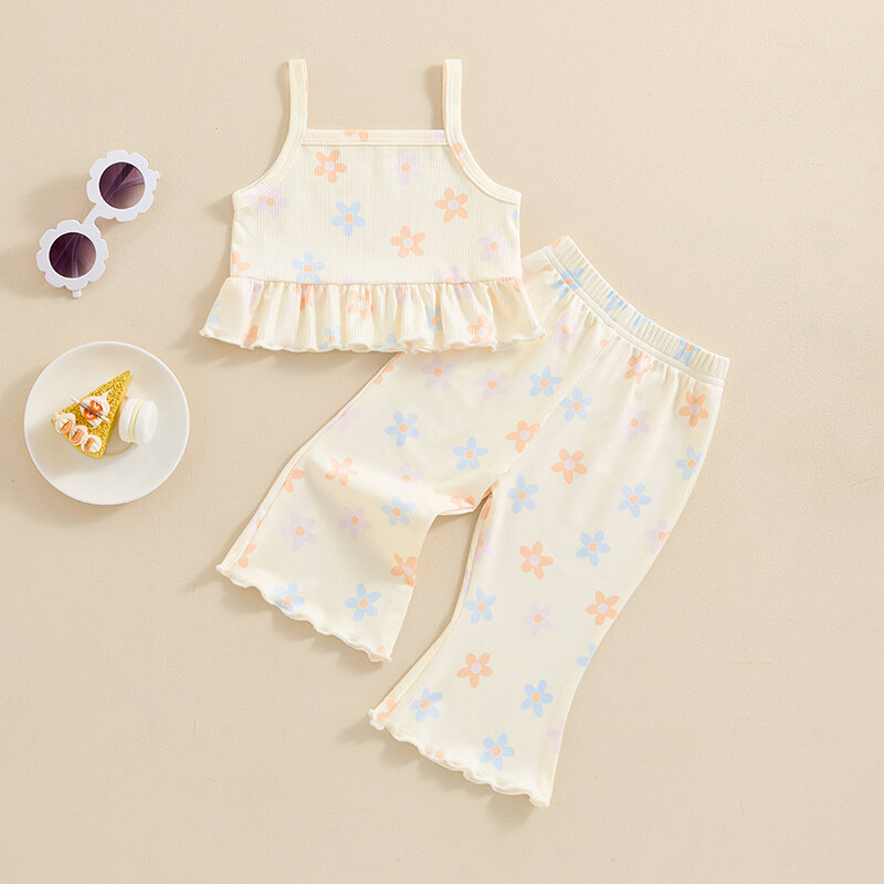 Conjunto de roupas sem mangas de flores estampadas para meninas, roupa de verão, camisola com calças flare, roupas infantis, 6M-4Y, 2024-04-03