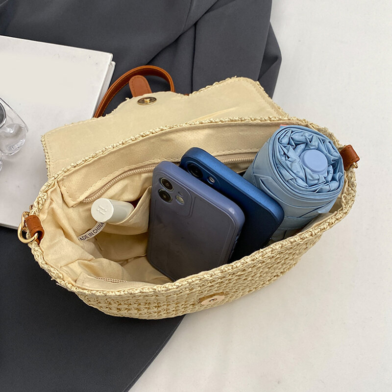 Women Shoulder Bag Summer Woven Straw Tote Bag Fashion Handmade Paper Rope Simple Adjustable Straps Mobile Phone Bag