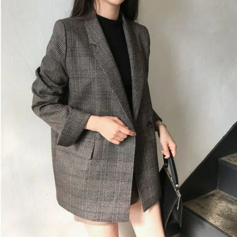 Blazer xadrez de trespassado duplo feminino, sobretudo longo, jaqueta feminina, elegante, monocromático, grosso, escritório, senhora, moda coreana, inverno