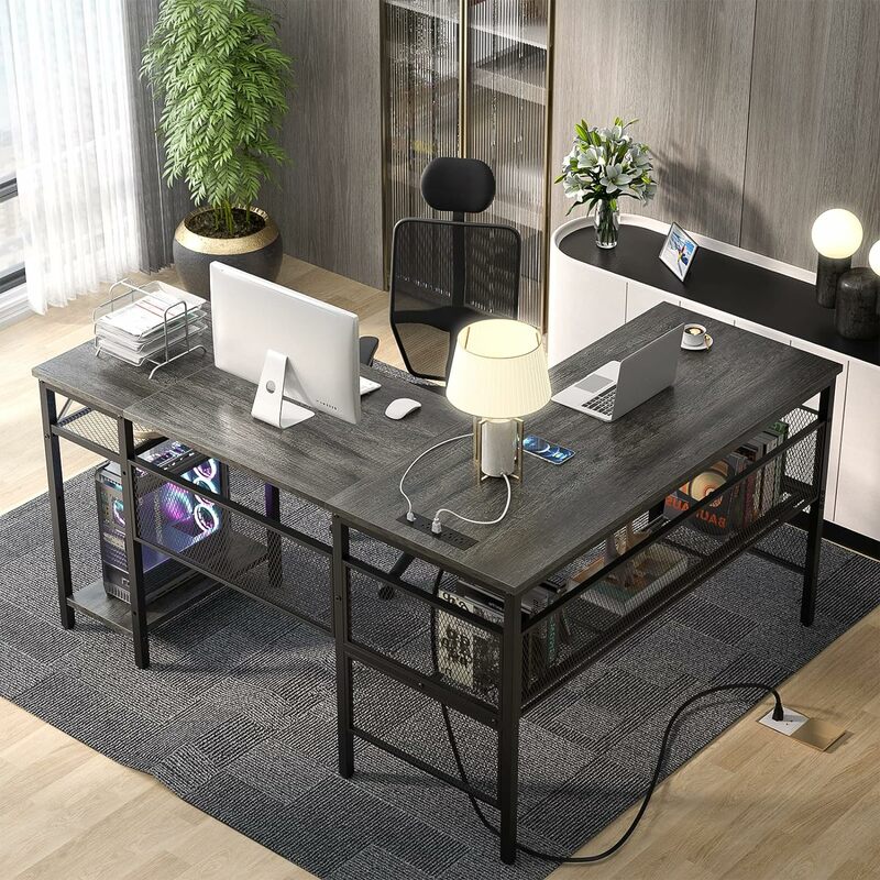 Unikito USB 충전 포트 및 전원 콘센트가 있는 L 자형 컴퓨터 책상, 가역 코너 책상, 보관 선반, 산업용