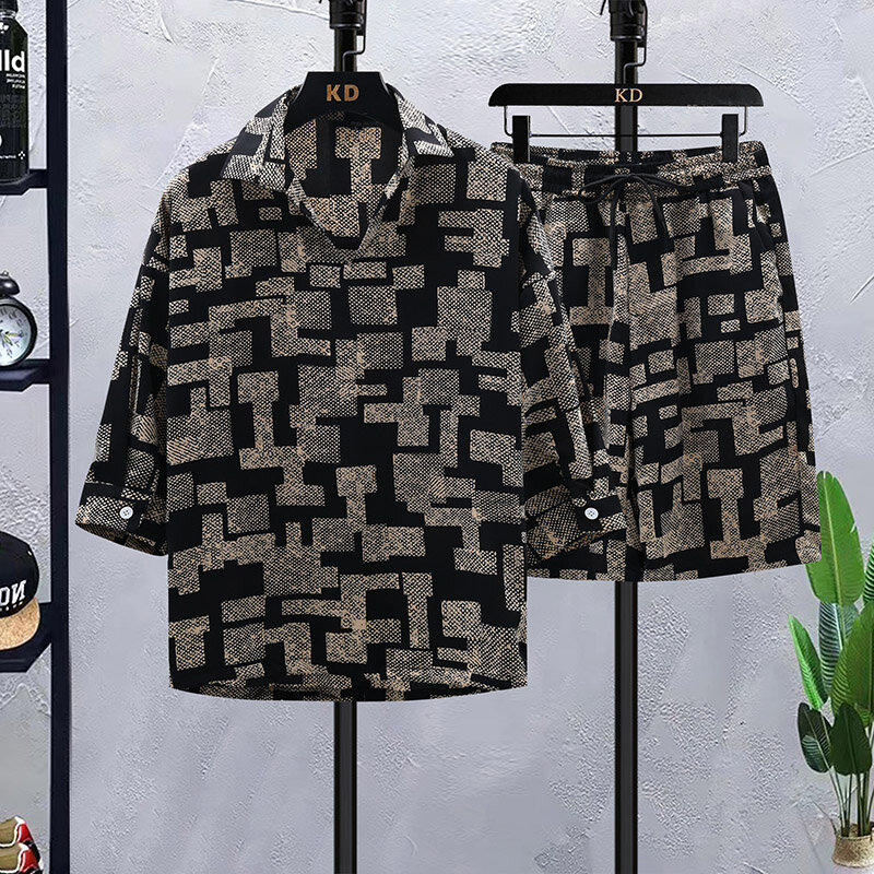 Conjunto de camisa e shorts de manga curta masculino, lapela xadrez, casual streetwear de praia, verão, conjuntos de 2 peças