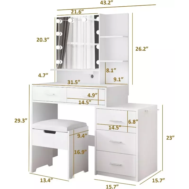 Vanity Desk with Mirror and Lights, White   Bedside Table, 5 Drawers Large Capacity, Metal Silver Handle, Make