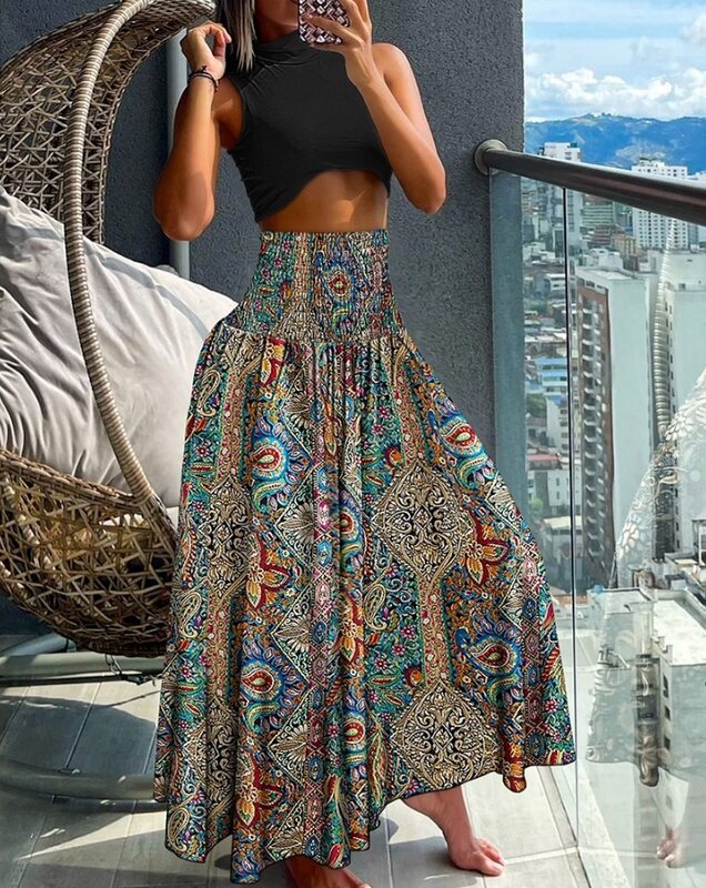 Menina bonita-retro tribal flor impressão cintura alta xale calças, casual perna larga, rua desgaste Y2K, novo, 2024