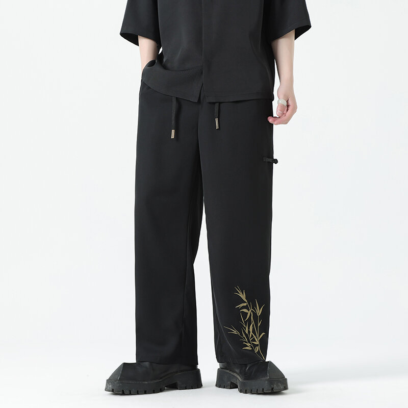 Pantalones informales Harlan para hombre, pantalón de pierna recta bordado, estilo Harajuku, Vintage, color negro