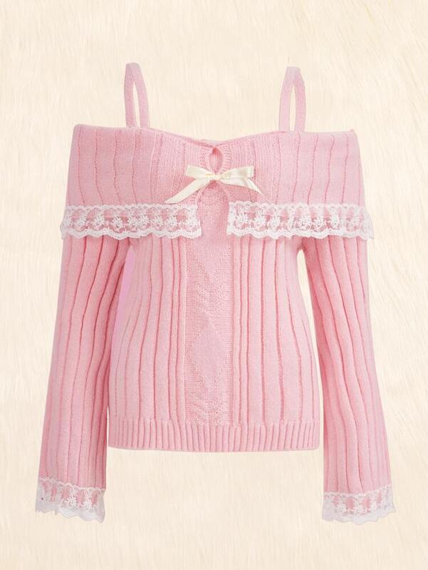 Suéter de punto con hombros descubiertos para mujer, Jersey rosa de manga larga con lazo de encaje, ropa de calle Y2k, estilo Grunge