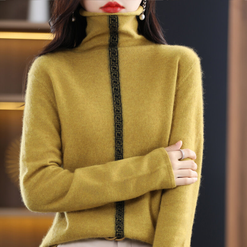 Женский вязаный пуловер с высоким воротником, свободный Универсальный свитер из 2022 чистой шерсти с длинными рукавами, корейский модный топ, Новинка осени-зимы 100%