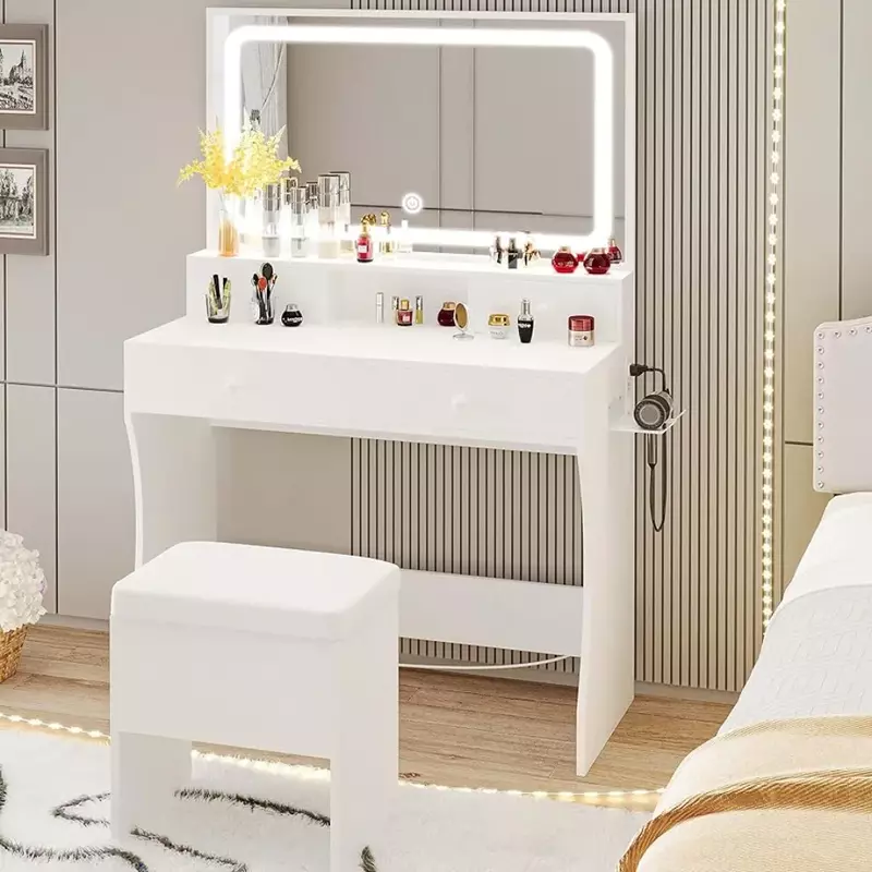 Vanity Desk con specchio illuminato a LED e presa di corrente e 4 cassetti mobili da trucco toletta con specchio bianco Freight Free