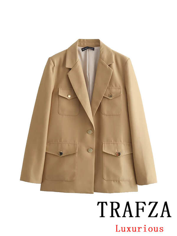 Trafza-女性のためのヴィンテージシングルブレストブレザー、カジュアルブレザー、長袖ポケット、Vネック、オフィスレディス、砂、新しいファッション、2024