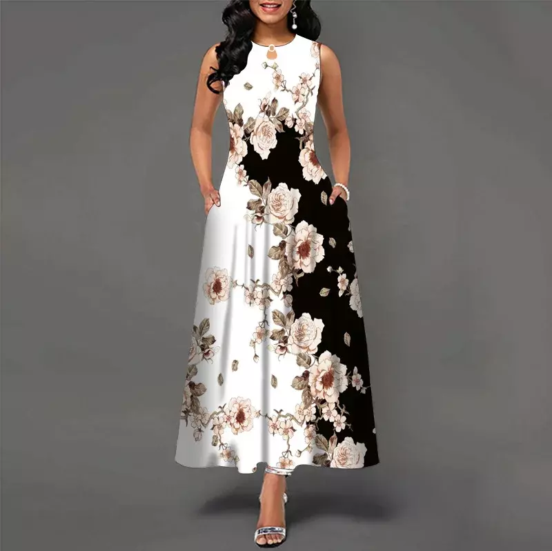 Женское Повседневное платье без рукавов, длинное платье с цветочным принтом и V-образным вырезом, свободные богемные ретро платья