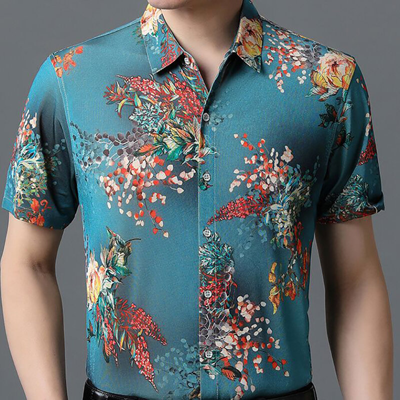 Vintage masculino com botão lapela estampado de manga curta, tops casuais soltos, camisas com tudo o que combina, roupas de verão, nova moda, 2024