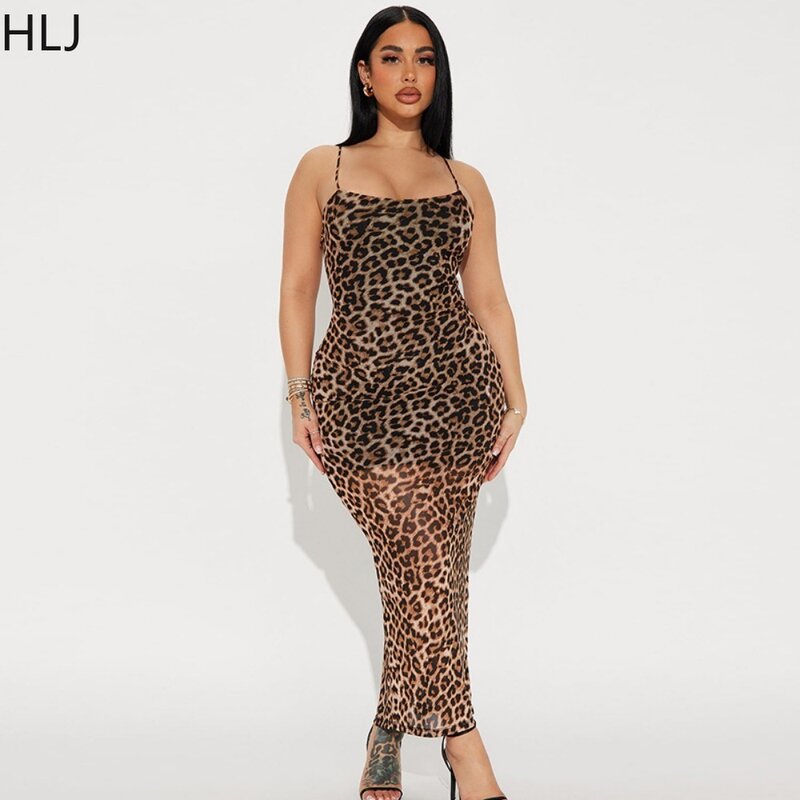 HLJ-Leopard impressão Mesh perspectiva vestido das mulheres, suspensórios, alça fina, sem mangas, sem encosto, magro, sexy, roupas de moda