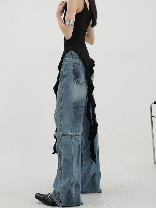 Jeans rasgado azul vintage feminino, calças largas largas largas largas largas, calças jeans grandes, streetwear vintage, estética da moda, Y2K, Harajuku, anos 2000