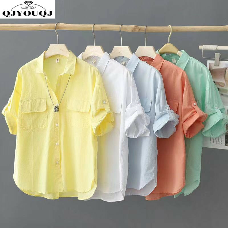 Camisa de manga curta feminina, 100% puro algodão, cor sólida, top solto e fino, design de outerwear, novo, verão, 2024