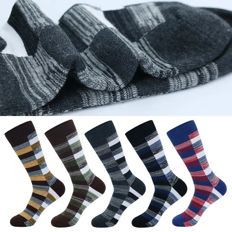 5 Pairs Mens Dress Socks stripe Plus Size，High Quality Combed Cotton Crew Socks，Black Cool Breathable Casual Socks for men