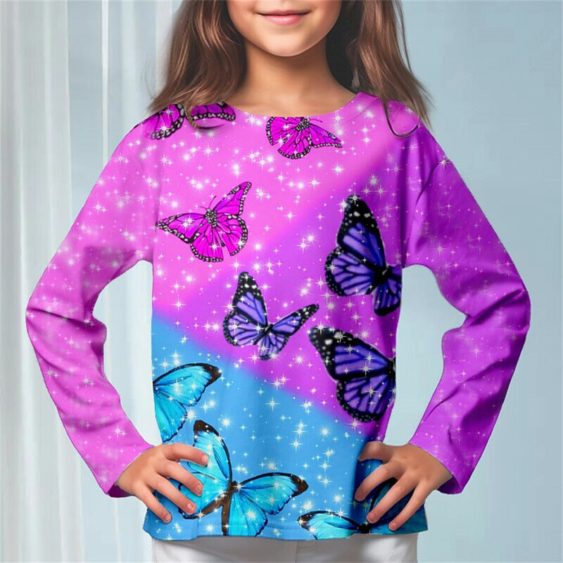 Topy dla dzieci nadruk z motylem ubrania dziecko dziewczynka jesień z pełnym rękawem kobiety T Shirt odzież 2 do 6 lat moda kreskówka koszulki