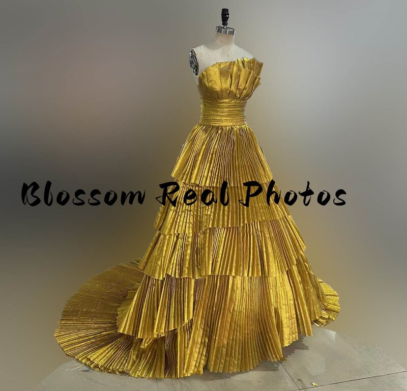 Vestidos de Noche de lujo sin mangas brillantes dorados, plisados a capas, precioso vestido de fiesta Formal, envío gratis, 2024