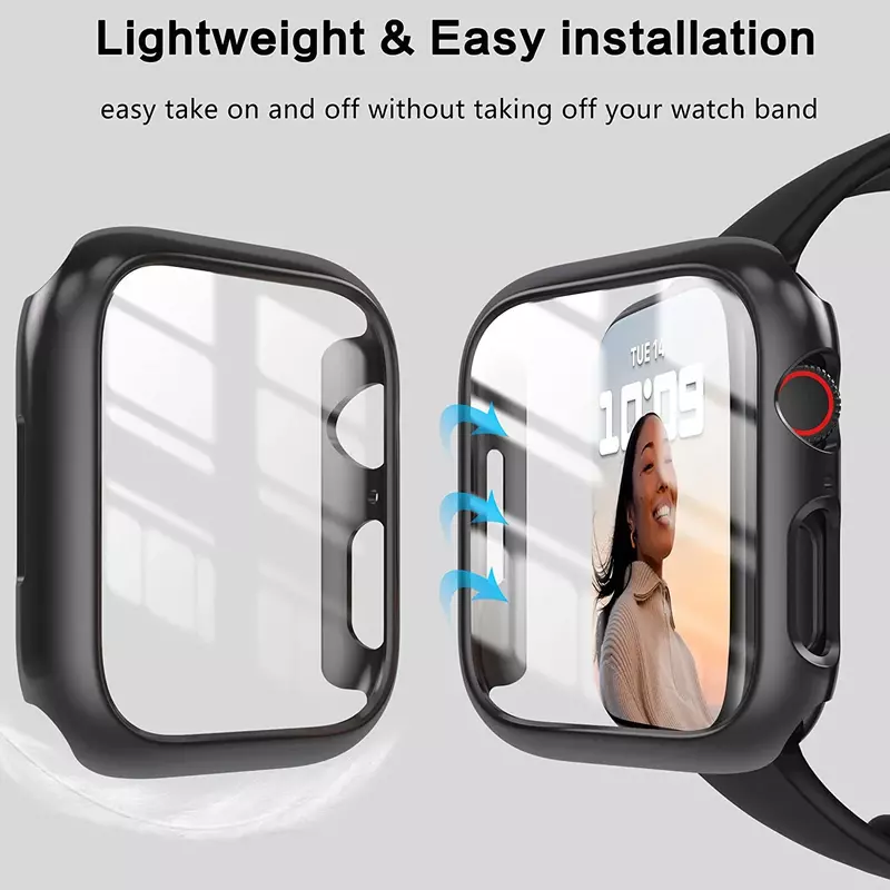 Casing untuk Apple Watch 9 8 7 45mm 41mm, casing pelindung layar kaca Tempered + penutup PC Bumper untuk Iwatch Seri 7 6 5 SE 44MM/40/42