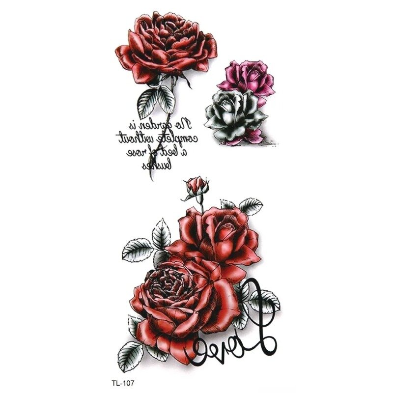กันน้ำชั่วคราว Tattoo สติกเกอร์ดอกไม้ Rose แฟลชรอยสัก Lalash รอยสักงู Lion Body Art แขนเสื้อปลอม Tatoo ผู้หญิง